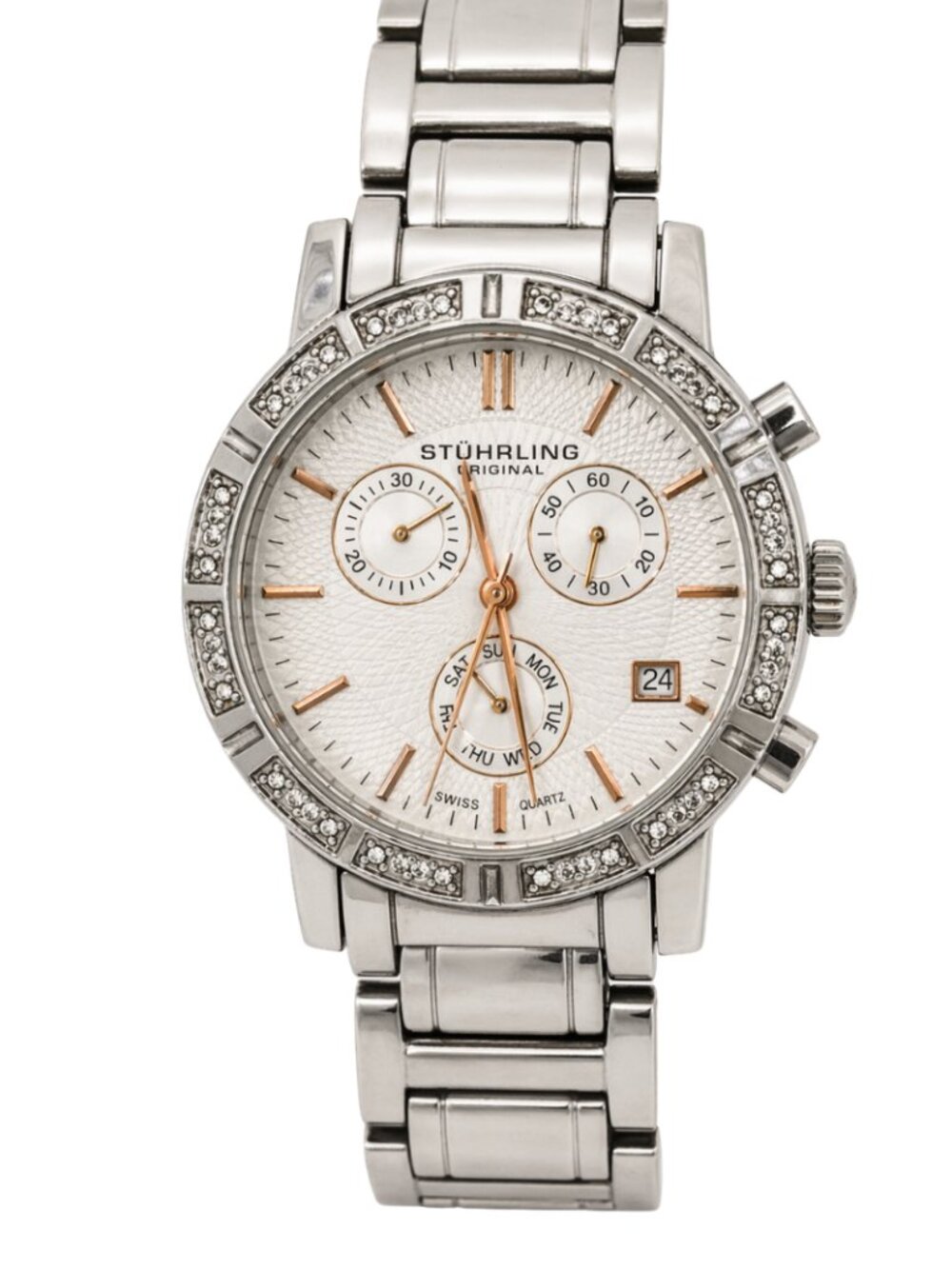 STUHRLING Diamond Bezel Chronograph Stainless Steel Dress Watch